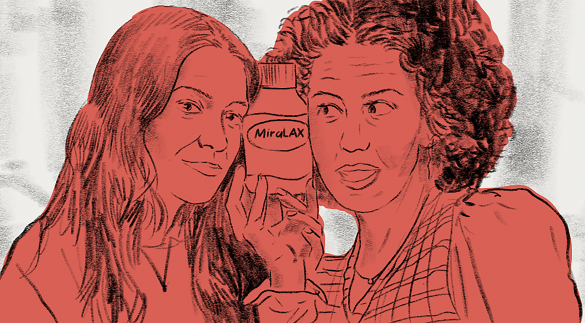 illustration of a pharmacy brand-bottle hold by two women
