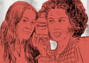 illustration of a pharmacy brand-bottle hold by two women