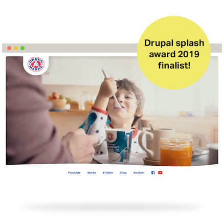 Screenshot of the Bärenmarke website overlaid with a sticker saying 'Drupal splash award 2019 finalist!'