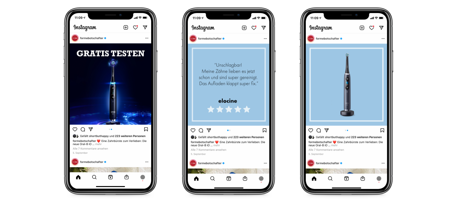 A group of 3 mobile phones, each one displaying a different post from the "formebotschafter" Instagram profile