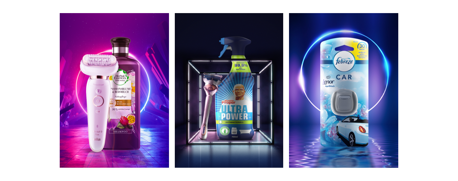 Three promotional images for products of "for me" brands: Herbal Essences, Braun, Meister Proper, Gillette and Febreze