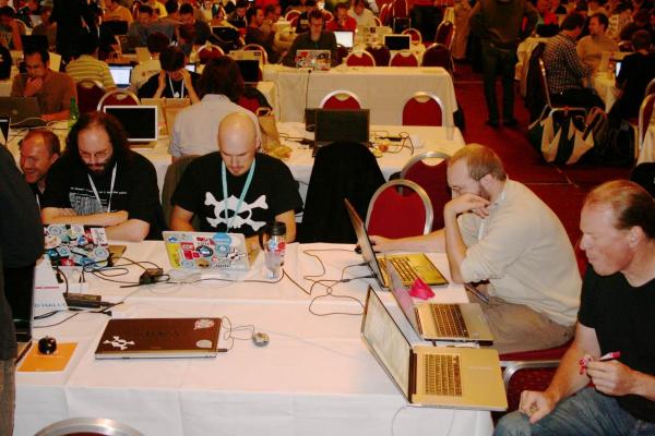 One end of of one of the three docs team tables at the DrupalCon London Sprint