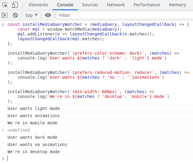 Code snippet running on the browser's development console, showing the use and effect of using the installMediaQueryWatcher helper function