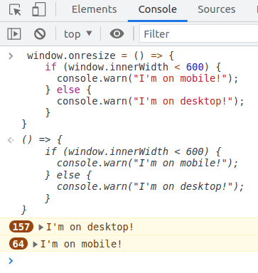 Code snippet running on the browser's development console, showing how unnecessarily often code is run when using window.onresize
