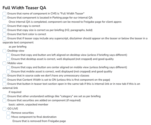 Beispiel für Checkliste für einen einfachen breiten Teaser