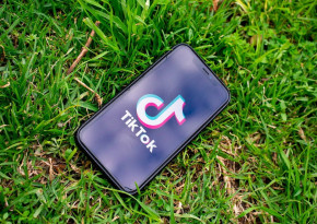 Mobile phone lying on grass while displaying the Tiktok spask screen