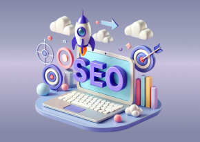 SEO written in a big font and shown as a bubbly graphic created with AI with a purple background.